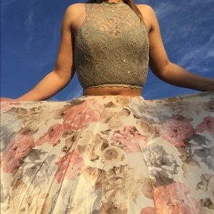 Prom dress, two piece, gray top and floral bottom